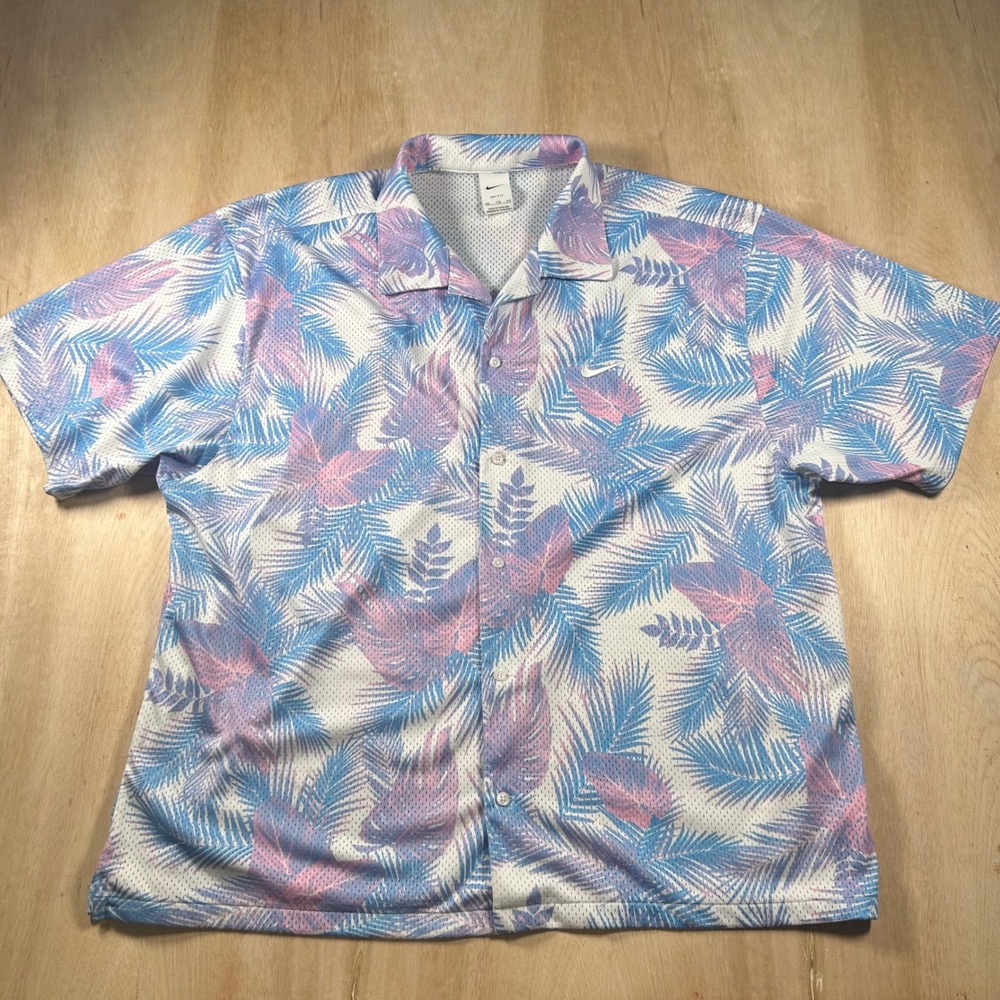 Nike Dri-FIT Mesh Tropical Palm Leaf Button Up Shirt Mens XXL Blue Pink Floral